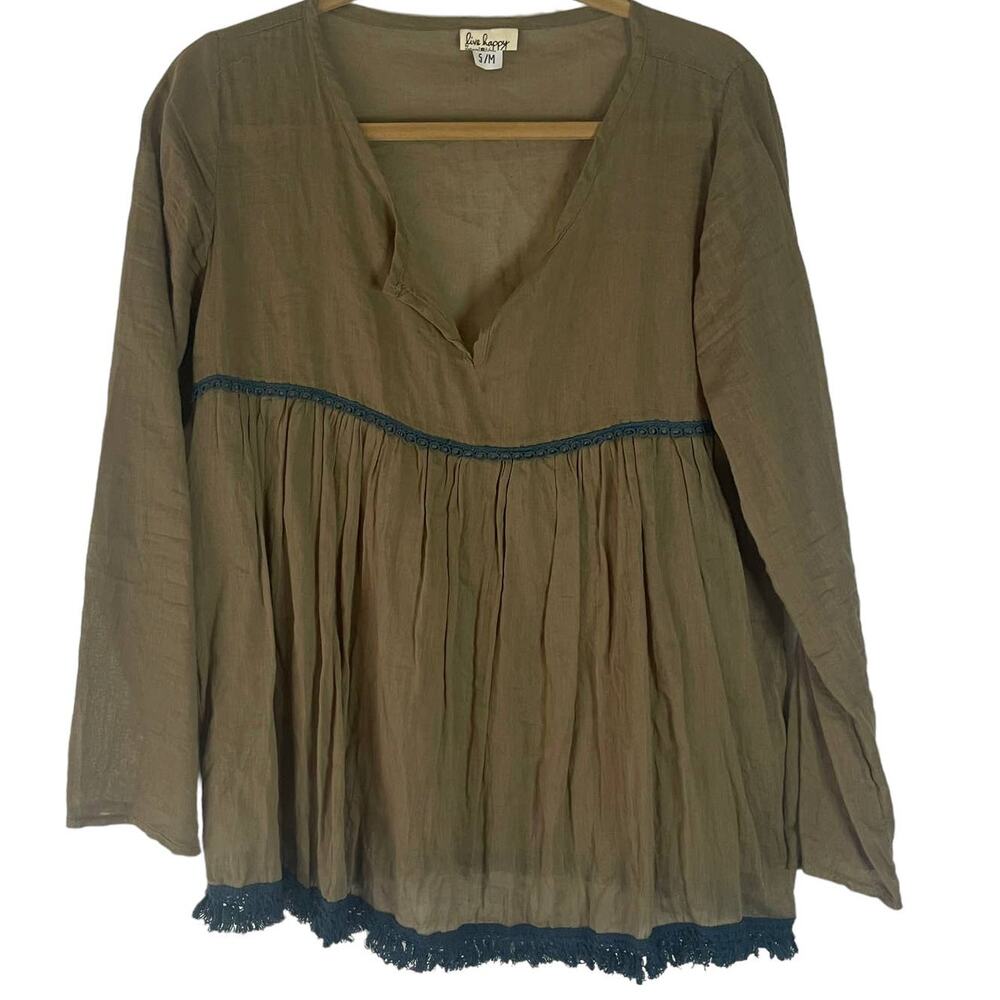 Live Happy Women's Size S/M‎ Sage Green Sheer Boho Long Sleeve Babydoll Top
